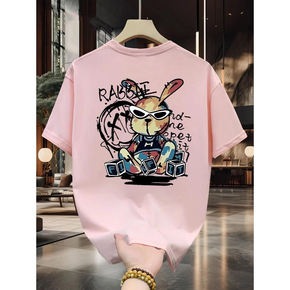 Men's Summer 100% Pure Cotton Fashionable Casual Loose Black Rabbit Cartoon Pattern Printed Round Neck Short Sleeved T-shirt Top