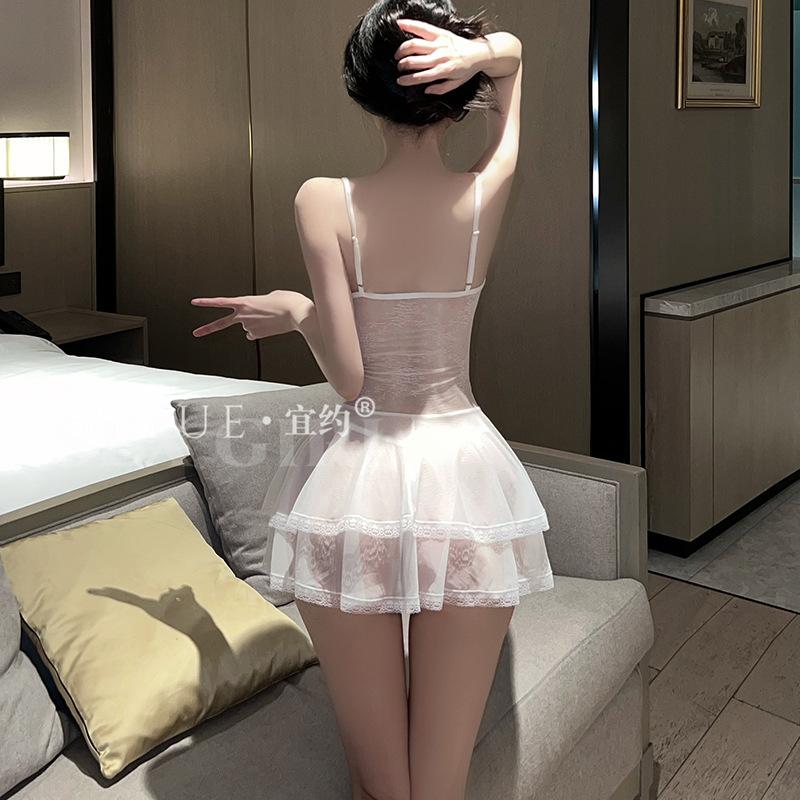 Original Sexy Pure Desire Style Lace Seductive Halter Nightgown Women's Romantic Underwear See-through Uniform Pajamas 8889