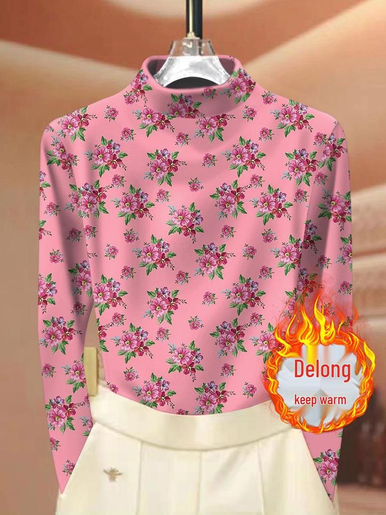 Women's Ribbed Fleece Floral Print Base Layer: Half-High Neck, Long Sleeve, Autumn/Winter Mom's Wear.