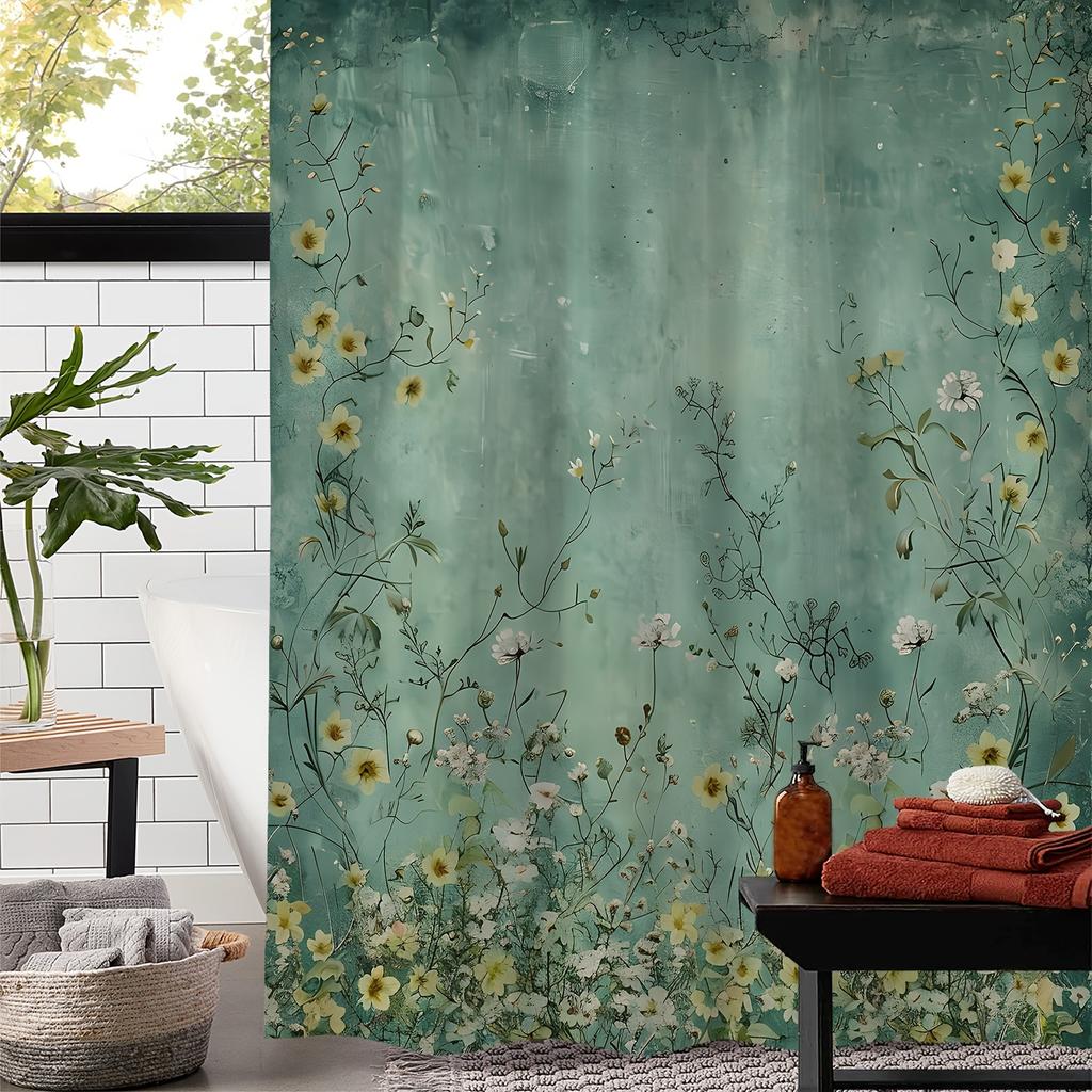 Tenda da Doccia Vintage con Stampa Floreale e Foglie, con 12 Ganci - Poliestere Impermeabile, Design Floreale Verde e Bianco per Arredo Bagno