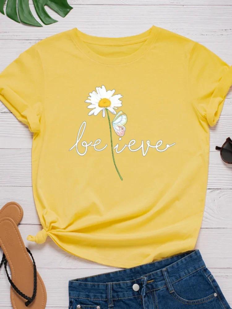 BELIEVE Daisy Print Women T Shirt Short Sleeve O Neck Loose Women Tshirt Ladies Fashion Tee Shirt Tops Clothes Camisetas Mujer
