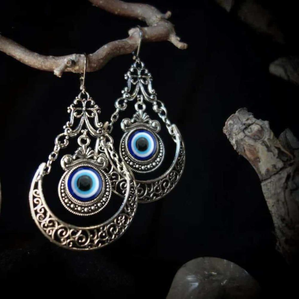 Bohemian Devil Eyes Moon Sliver Color Filigree Colored Gemstones Dangle Earrings for Women Gothic Halloween Party Jewelry Gifts