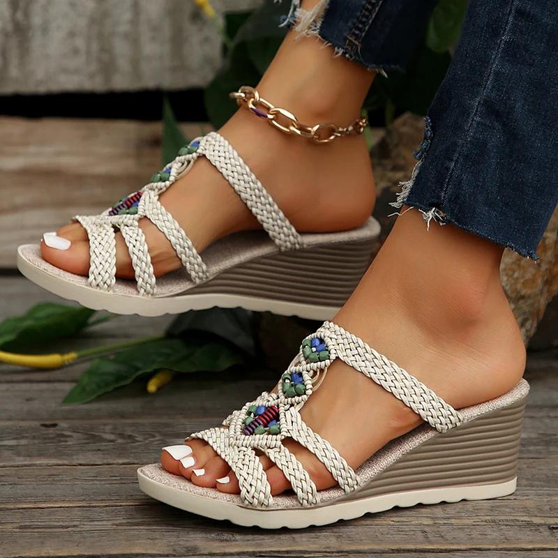 Fashion Bohemia Woven Wedge Heel Sandals Women Summer Thick Bottom Casual Sandles Woman Lightweight Non Slip Gladiator Sandalias Mujer