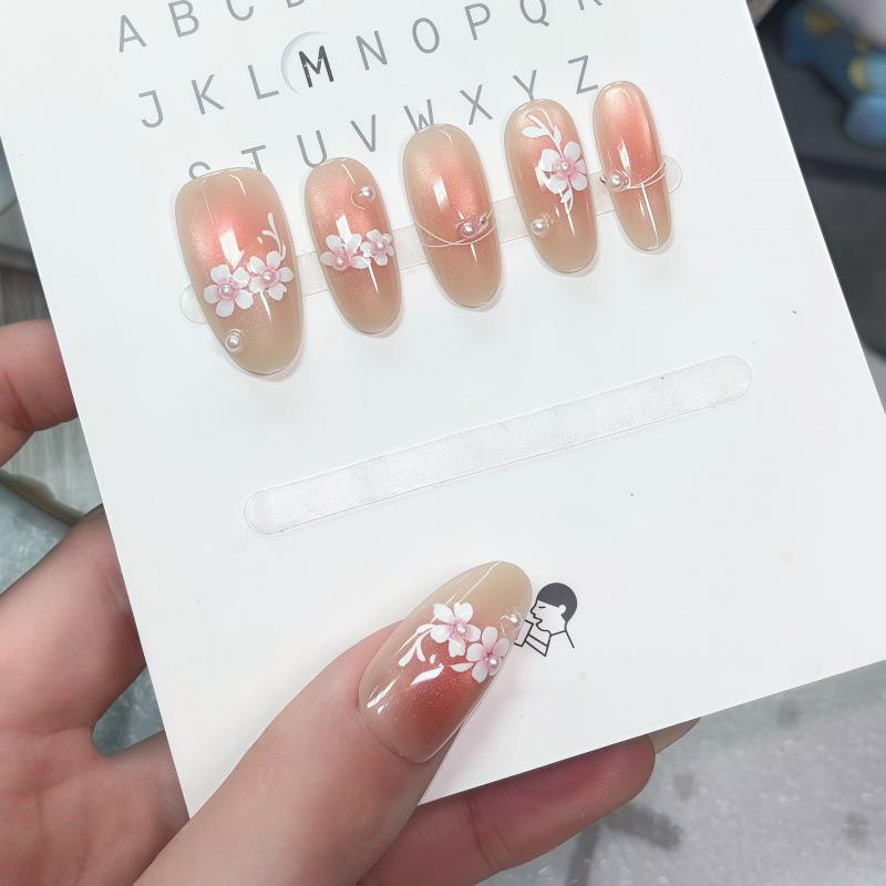 Whitening Nude Cat Eye French Pearl Flower Nail Stickers