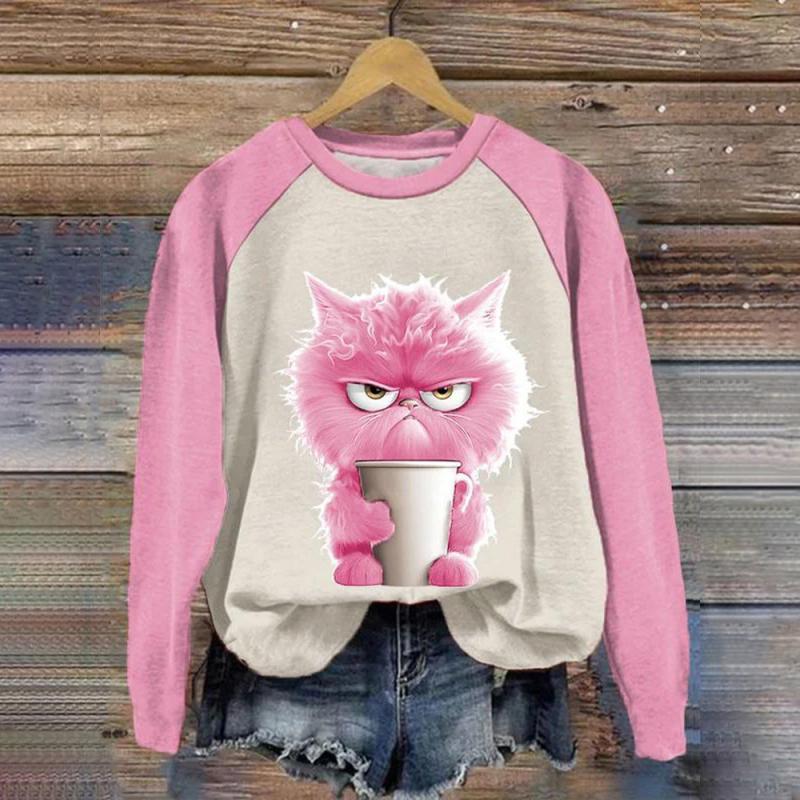 Women O-Neck Tops Funny Cute Cat Art Print Casual  Sweatshirt Kawaii Animals Pattern Pullover Female Clothing