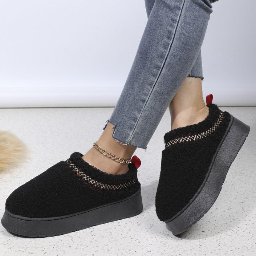 Winter Ankle Boots Women Fleece-Lined Warm Thick-Soled No-Heel Cotton Shoes Half Drag Shoes with Fur Lining for Snowy Landscape