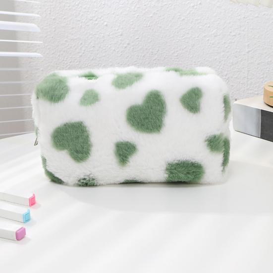 Fuzzy Makeup Bag Fluffy Plush Zipper Cosmetic Pouch with Heart Pattern Cute Pencil Case Travel Toiletry