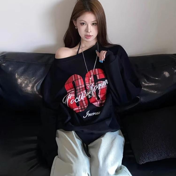 Y2K Sport Casual Oversize Hoodies Women Long Sleeve Sweatshirt Off Shoulder Top Back School Vintage Basic Tees Autumn Winter