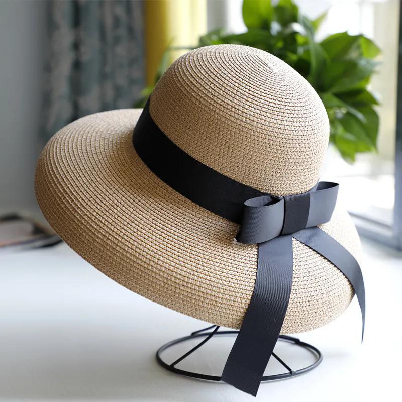 WTEMPO Black Bow Casual Foldable Summer Straw Hats Women's Wide Brim Solid Color Outdoor Beach Sunscreen Hats
