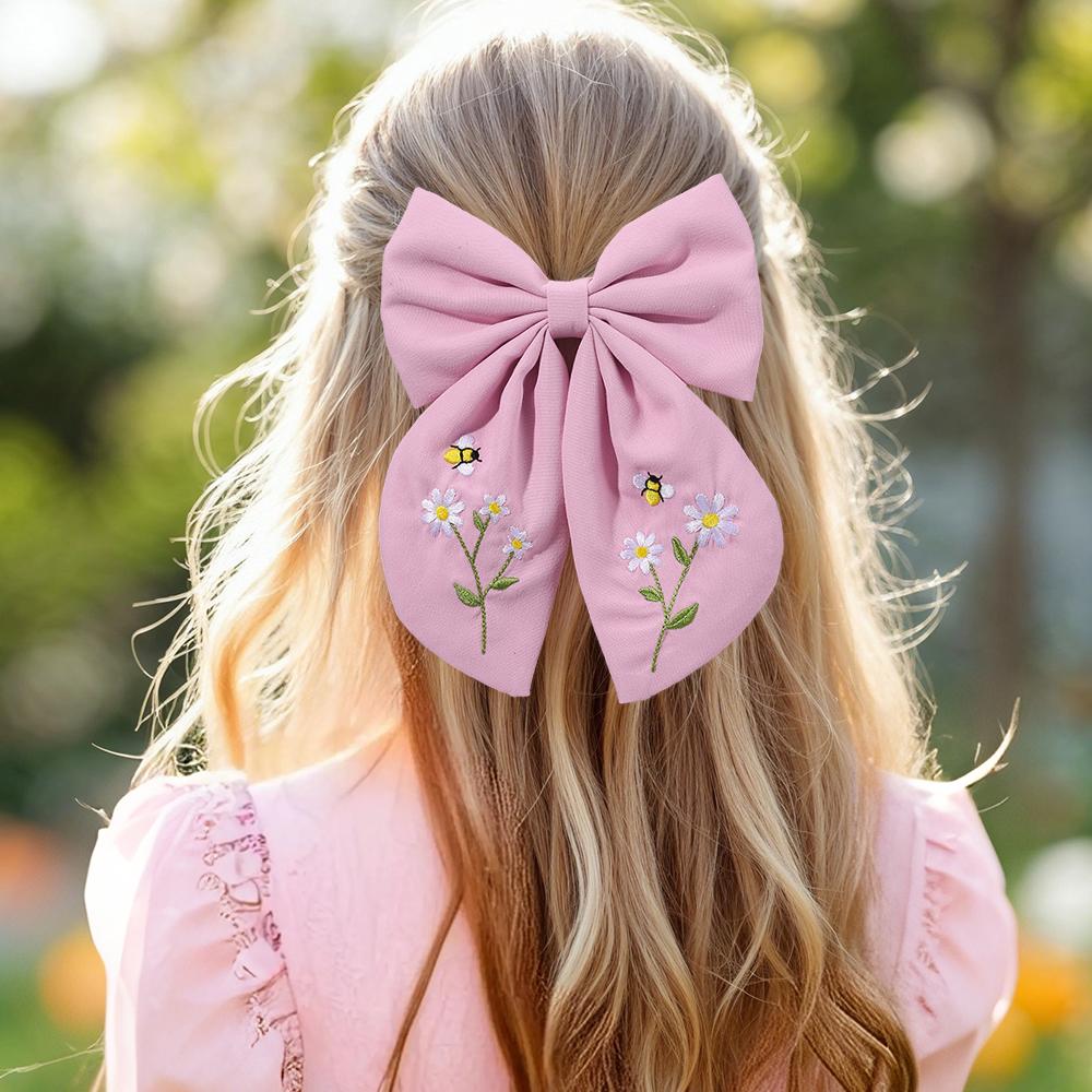 Flower Bow Hair Clips Sweet Pink Bee Floral Handmade Embroidery Bownot Barrette For Girls Children Daliy Heawear Accessories