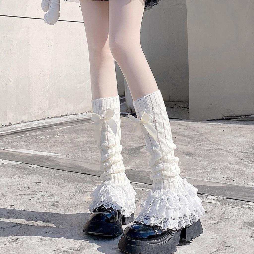 Aesthetic Elegant Layered Ruffle Lace Trim Leg Warmer for Women Cable Knit Leg Sleeve Covers Footless Socks with Bowknot
