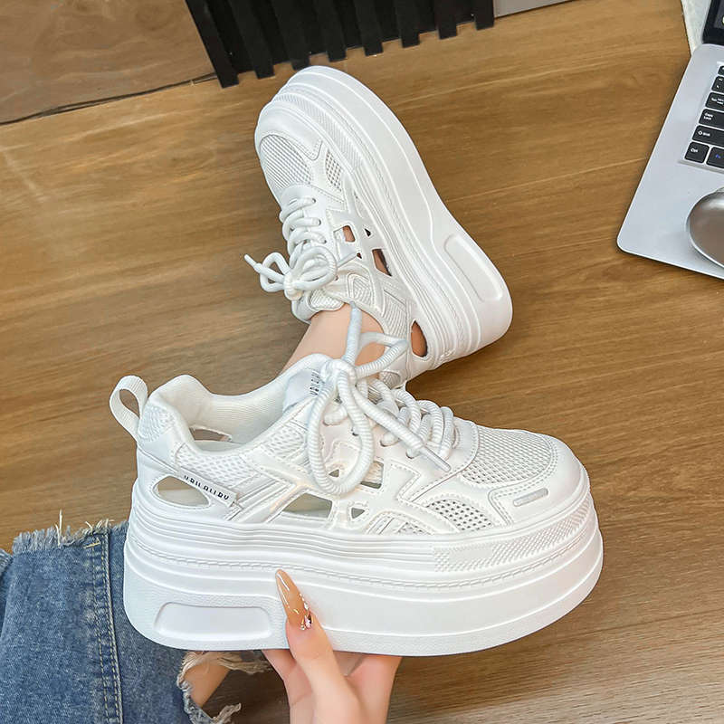 Little White Shoes Women's 2025 Summer New Thick-soled Hollow Shoes Small Man Height Increase Mesh Breathable Casual Versatile Board Shoes