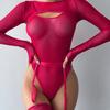 European and American Elastic Mesh, Perspective Contrasting Color Cover, Long Sleeves with Suspenders, Onesie, Sexy Underwear Three-piece Set, Sexy
