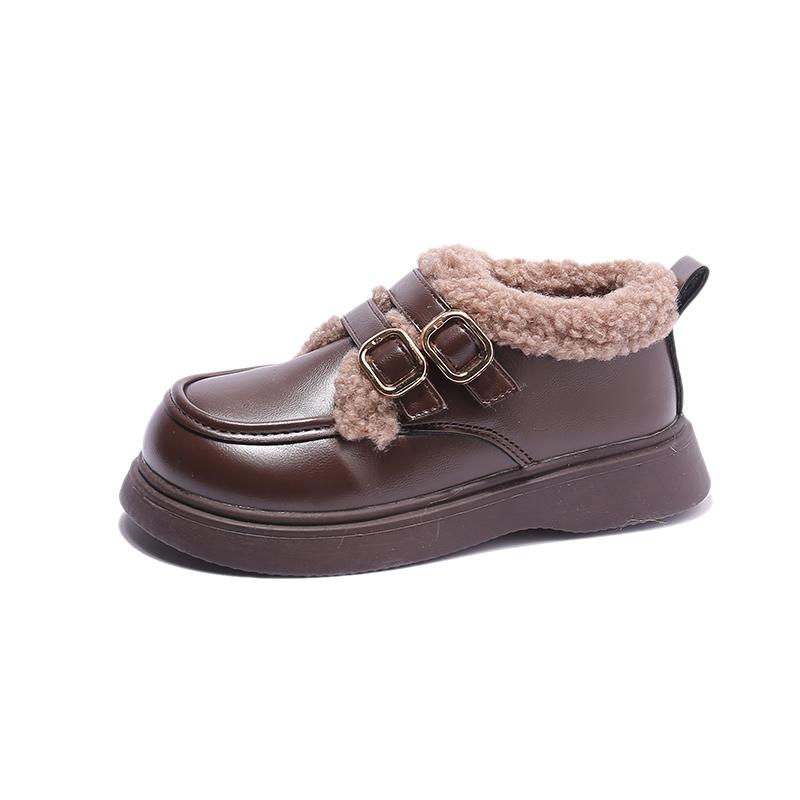 

Children Leather Shoes Winter British Thick Soled Girls Shoes Plush Casual Warm Thicken Cotton Shoes 25 коричневый