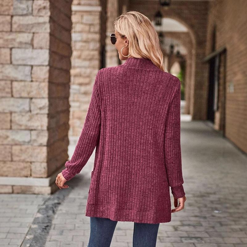 2025 Spring/Autumn Solid Color Ribbed Knit Cardigan Jacket