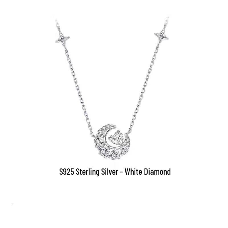 Sterling Silver Dreamy Star Moon  Peach Heart Necklace - Light Luxury Pendant for Girls  Birthday Gift. Pure Silver