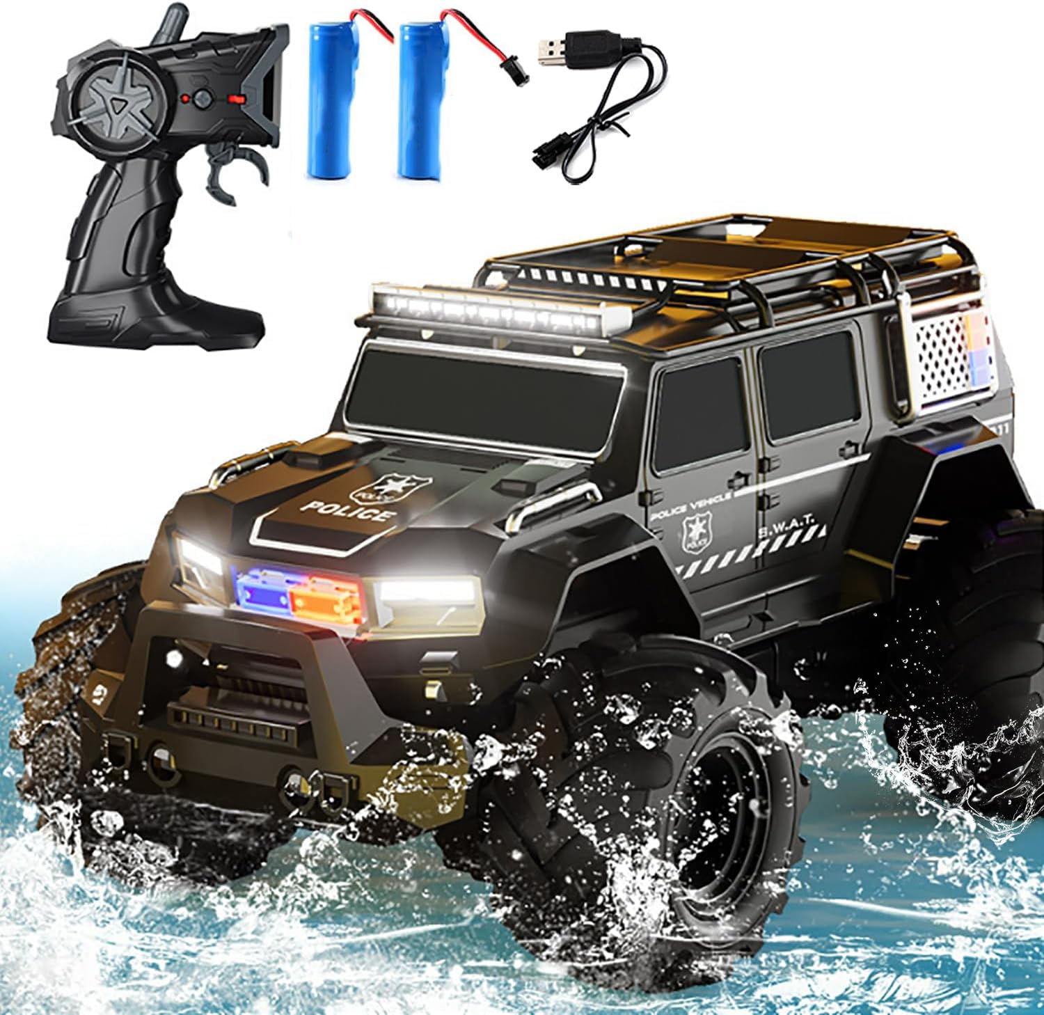 

Amphibious 2.4GHz Radio-Controlled Car, Large 32cm, Popular 4WD Off-Road Car, Waterproof, Lights & Sound, Includes 2 Rechargeable Battery Chargers,