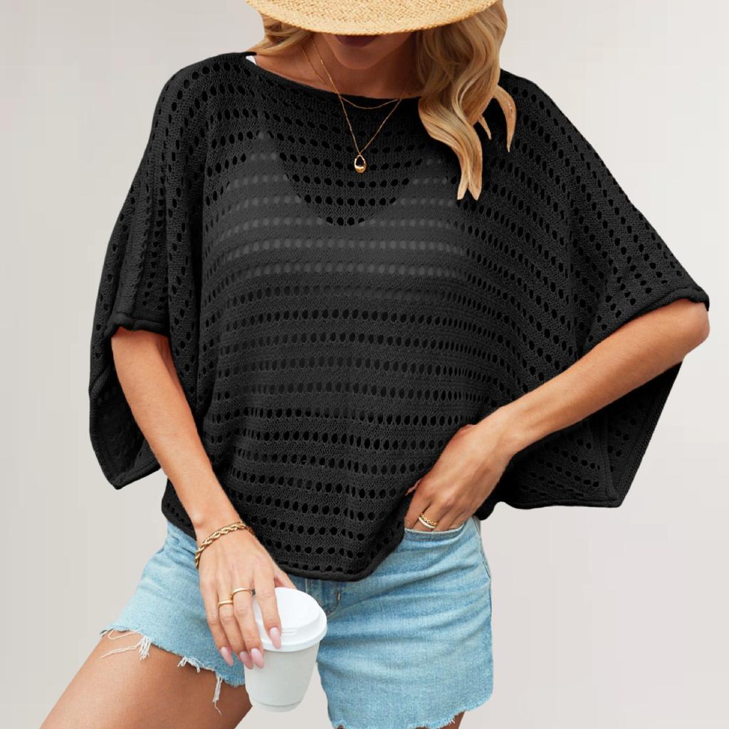 QICED O-Neck Solid Color Top Bat Sleeve Hollow Loose Large Size Sweater Women