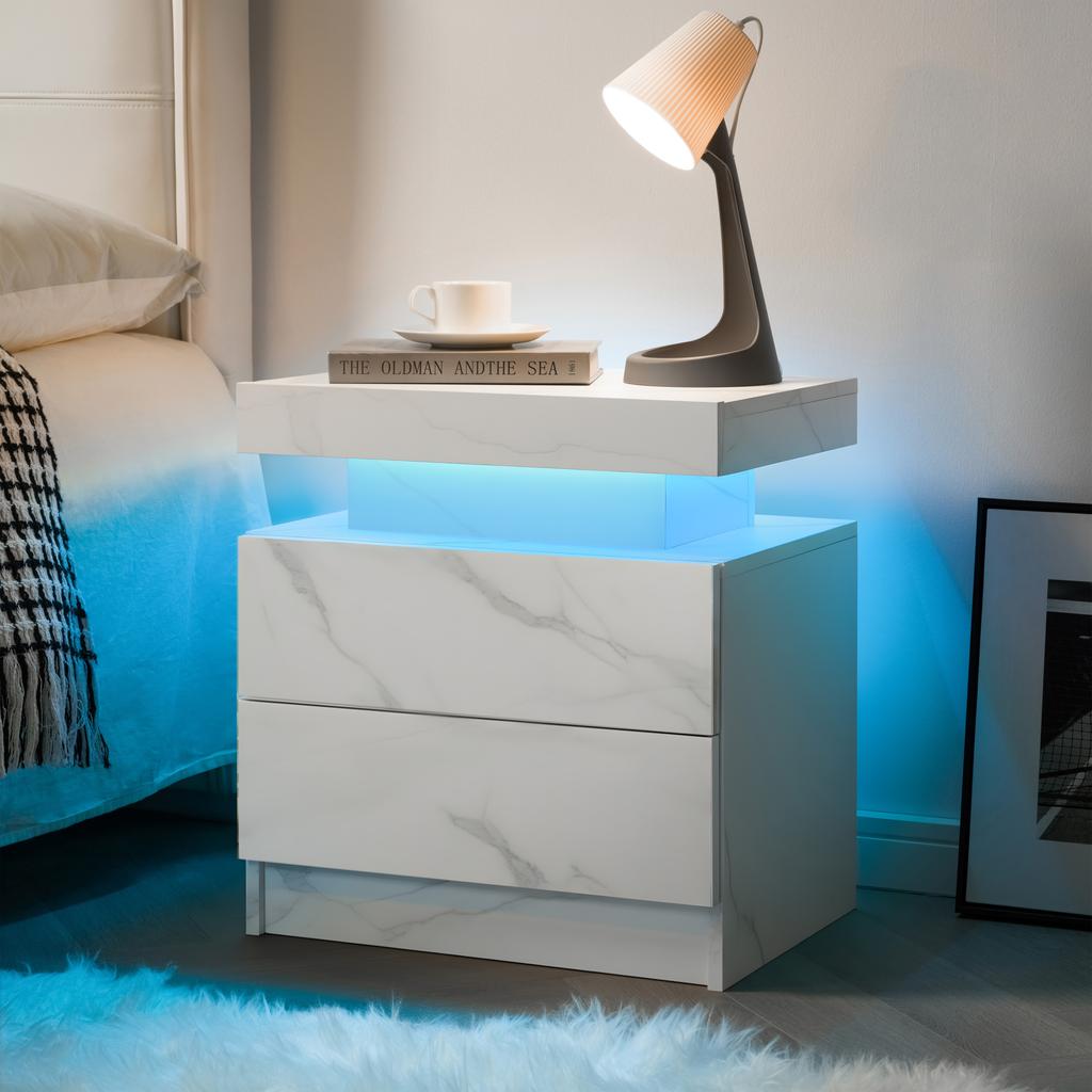 Nightstand LED Bedside Table Cabinet Lights Modern End Side with 2 Drawers for Bedroom (White Stone)