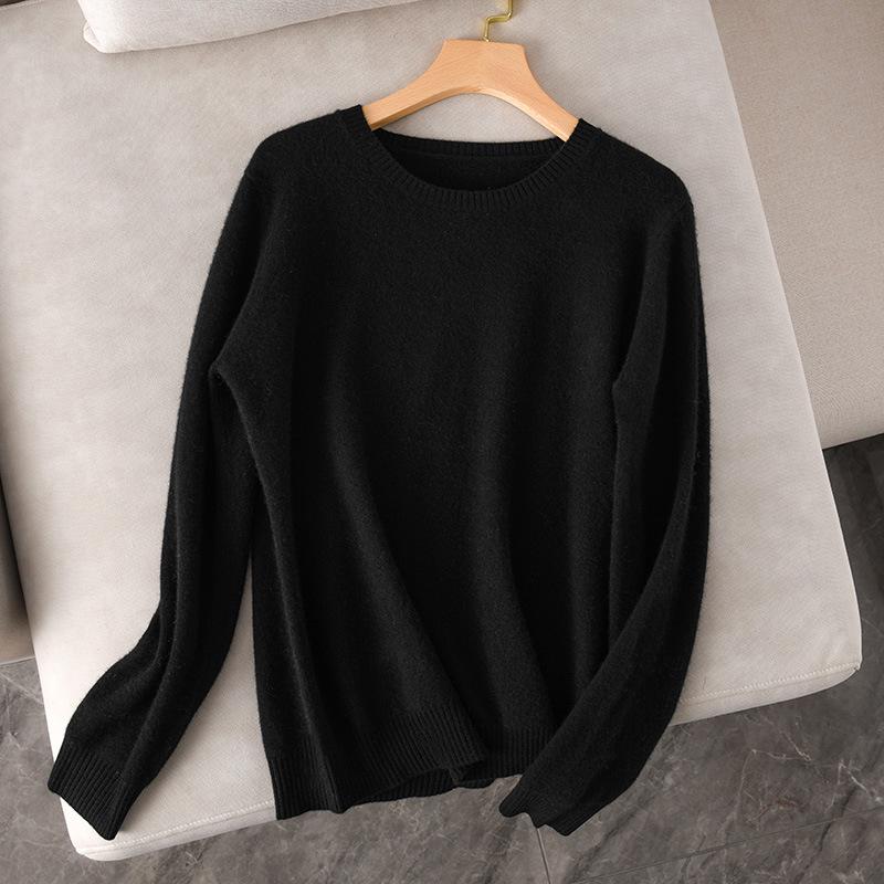 Dámský 100% vlněný pletený svetr s kulatým výstřihem a dlouhým rukávem – Jednobarevný pro podzim a zimu