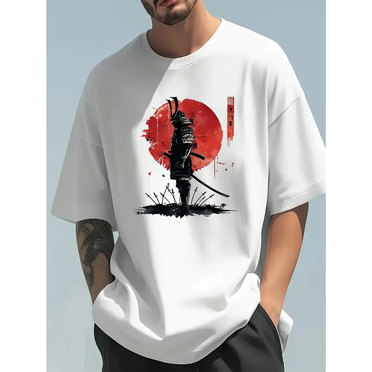 

Men s summer fashion casual loose Japanese samurai pattern printed round neck short sleeved T-shirt top S