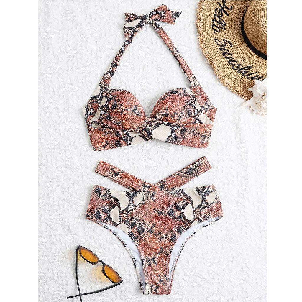 Snake Skin Print Two Ruched Wrap Women Crop Up Bikini Push Front Swimwear Female Bathers Bathing Swimming Swim Suit Tankinis Set