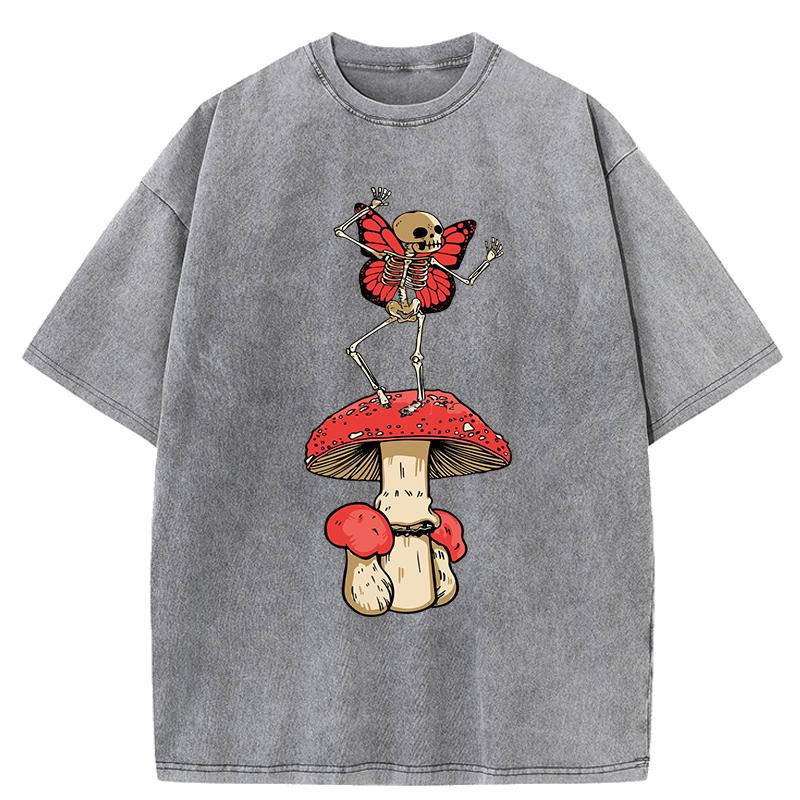 

Dancing Mushroom Skeleton Fairy Print Washed T-Shirt Women Summer Casual T Shirts Cotton Streetwear Loose Clothes 3XL