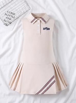Girls Preppy Style Pleated Dress, Letter Embroidered Badge