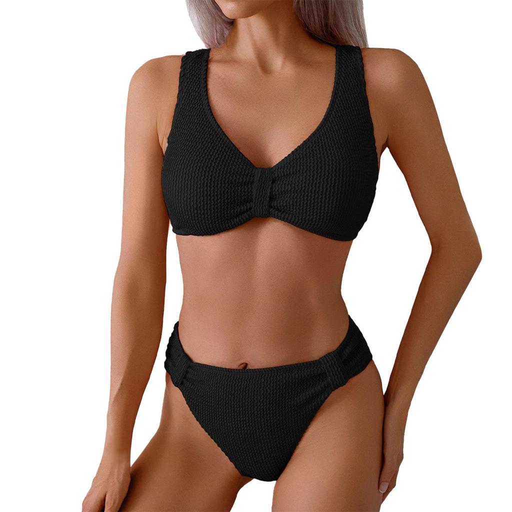 Women's Ribbed Knit Bikini Set Two Piece Swimsuit with V-Neck Top and High Waist Bottoms Swimwear for Beach