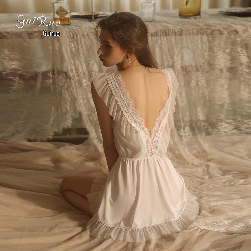 Guiruo Sexy Deep V Nightgown & Backless Camisole Set 
