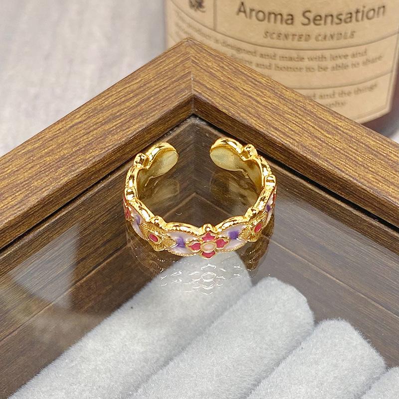 Medieval Vintage Colored Enamel Flower Butterfly Opening Ring Female Retro Niche High-End Light Luxury Ring