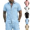 Men Short Sleeve Button Down Shirt and Shorts Set Casual Lapel Collar Pocket Design Lightweight Outfit