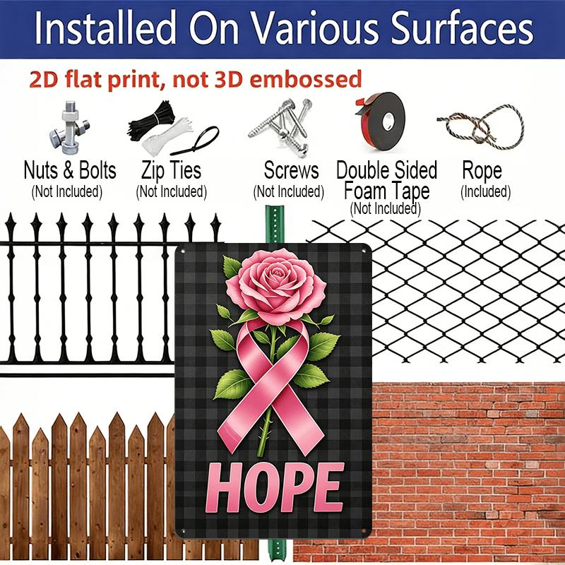 2D Flat, 1pc Breast Cancer Aluminum Sign, HOPE Pink Rose Pink Ribbon Decorative Sign & Plaque, Breast Cancer Awareness Month Decor, Community Women