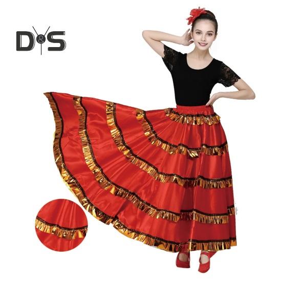 Dámská maxi sukně Elastické prošívání v pase Vrstvená dortová sukně Barva-Blocked Červená Černá 360° oversized sukně Stage Performance Wear