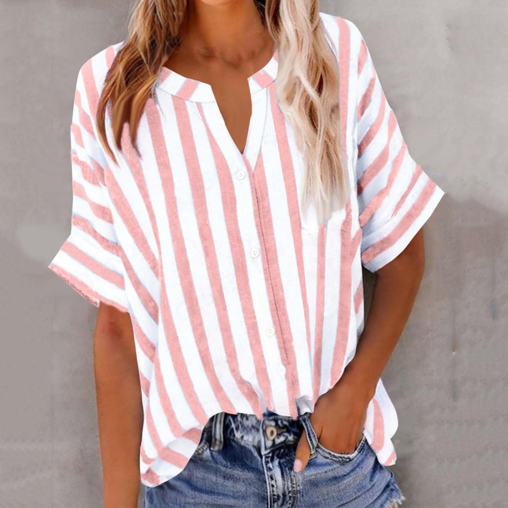 Women's Fashion Loose-Fit V-Neck Button-Down Striped Contrast-Color Short-Sleeve Shirt