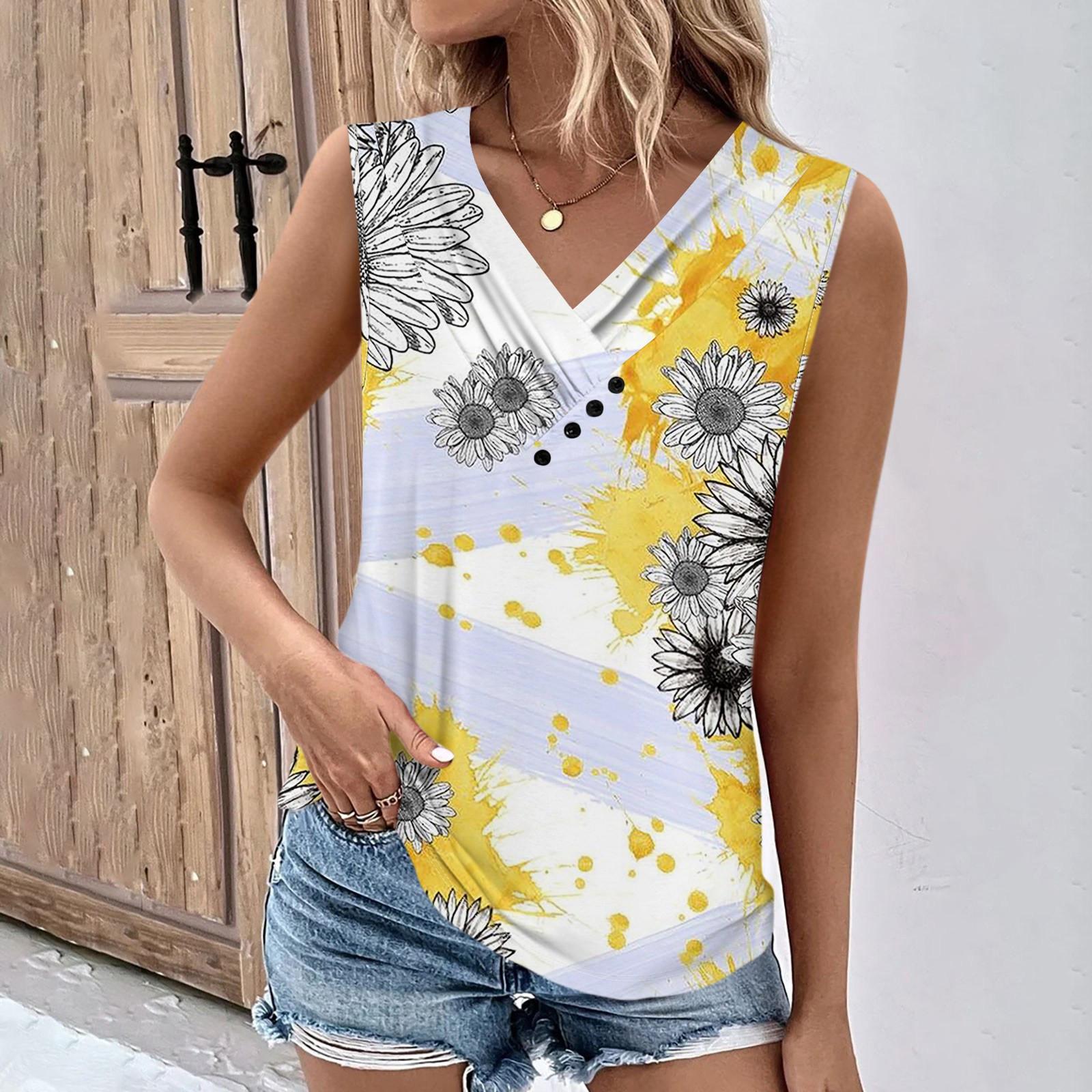 

Летние женские топы на бретелях с v-образным вырезом, повседневные рубашки без рукавов с принтом, повседневные свободные плиссированные футболки, футболки, женская блузка XL жёлтый