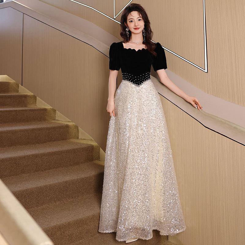 Black evening dress 1011 new light luxury niche French bar mitzvah student art test dress host dress