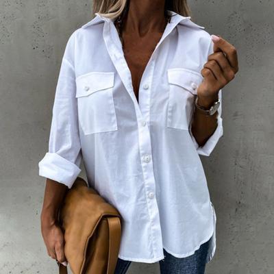 Shirt Large Size Breasted High-low Long Sleeve Single Flap Pockets Women Hem Side Split Loose Shirt