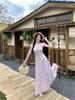 Soft Blue Korean-Style Dress: French Retro Lace, Gentle Purple Puff Sleeves, Waist-Cinching Design