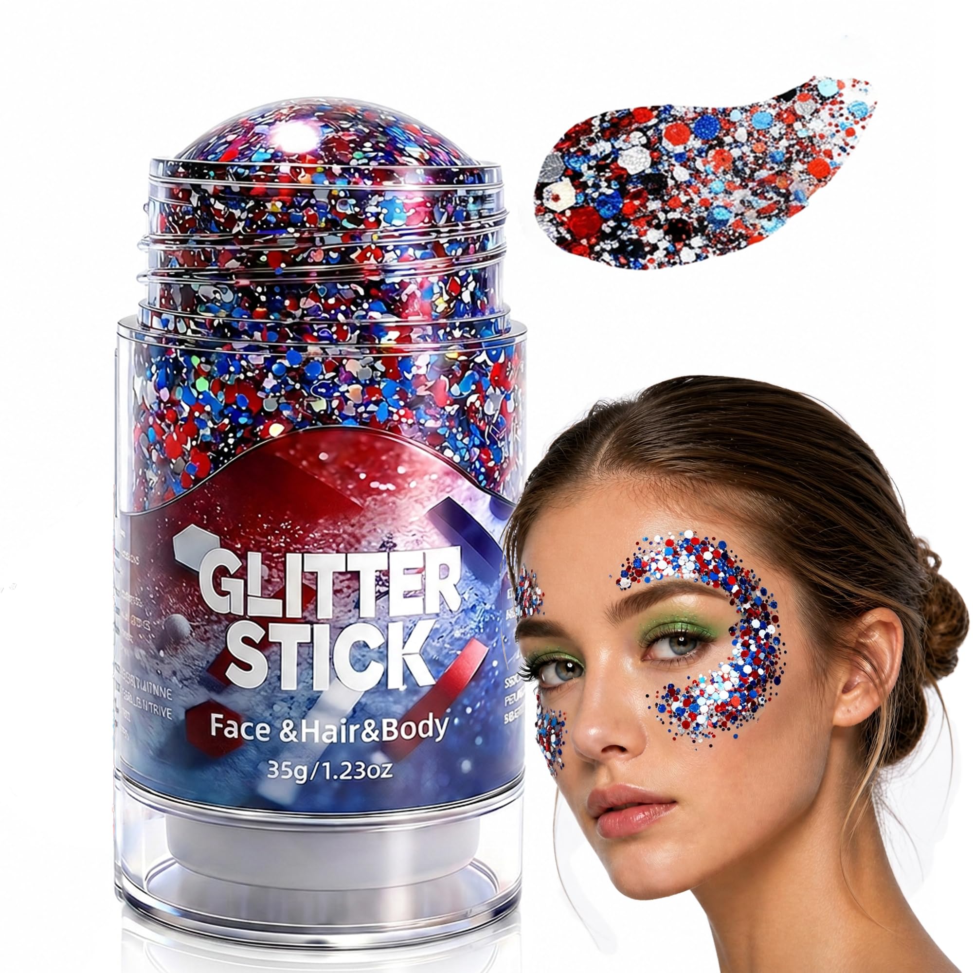 Patriotic red, white, and blue body, face, and hair glitter stick, waterproof (red, white, and blue glitter stick, 1 piece) Pack of 1