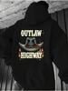 Men's Black Cotton Blend with Cowboy Hat Print - Loose Fit Retro Western Hoodie Kangaroo Pocket & Outlaw Road Suitable for Outdoor