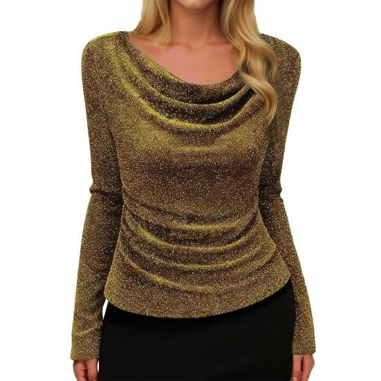 

Women T-shirt Off Shoulder Long Sleeve Slim Fit Pullover Tops Glitter Solid Color Stretchy Tops Work Party Casual Wear XL кавовий