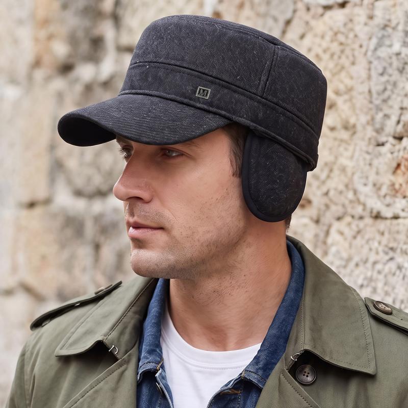 Mens Winter Warm Wool Blend Flat Top Cap with Ear Flaps Outdoor Cold Weather Hat