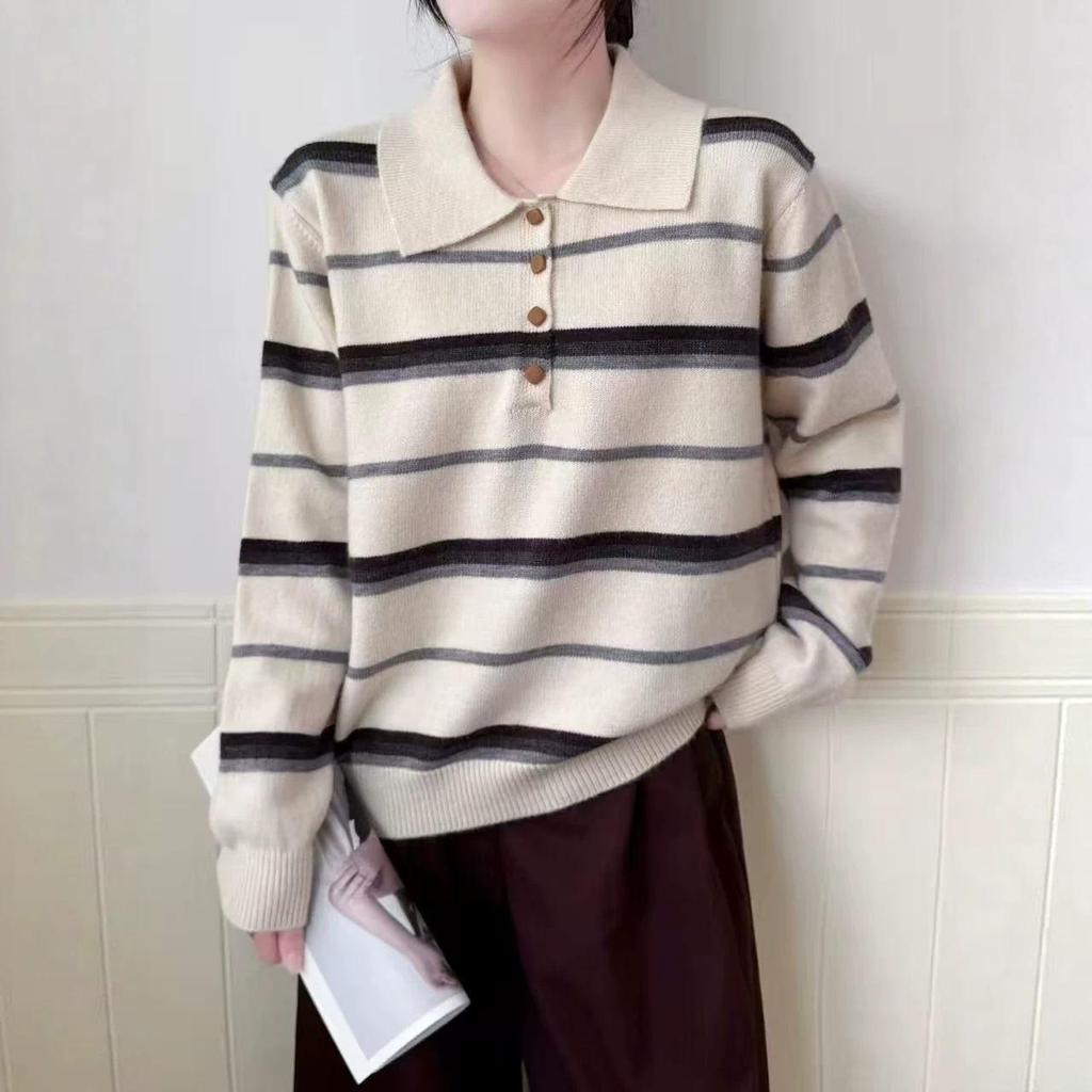 Women's Korean-Style Color Block Striped Knit Pullover Sweater: 2026 Autumn/Winter Casual Layered Top.