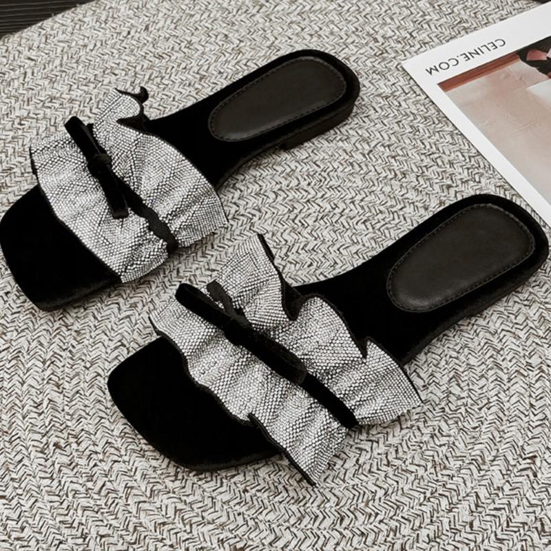 Fashion 2025 Summer New Square Toe Solid Color Plus Size One Strap Bowknot Flat High-End Sandals for Women Anti-Slip Outdoor Slides