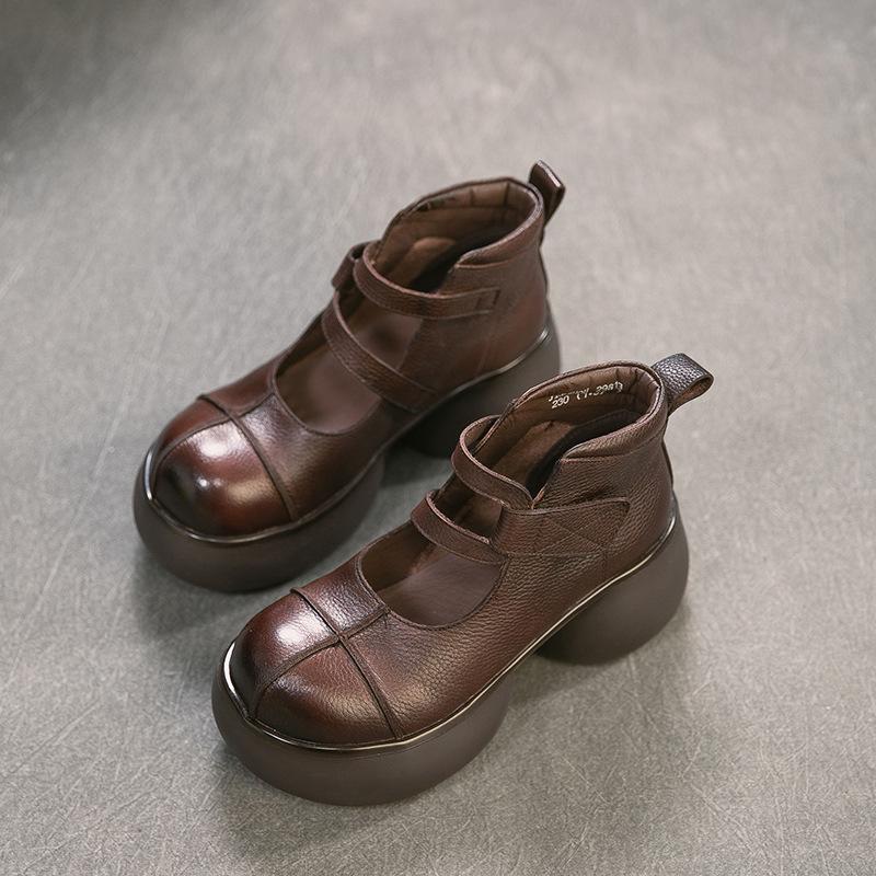 Johnature Skórzane Retro Czółenka na Grubej Platformie z Obcasem Okrągły Nosek Zapięcie na Rzepy Damskie Buty Platformowe