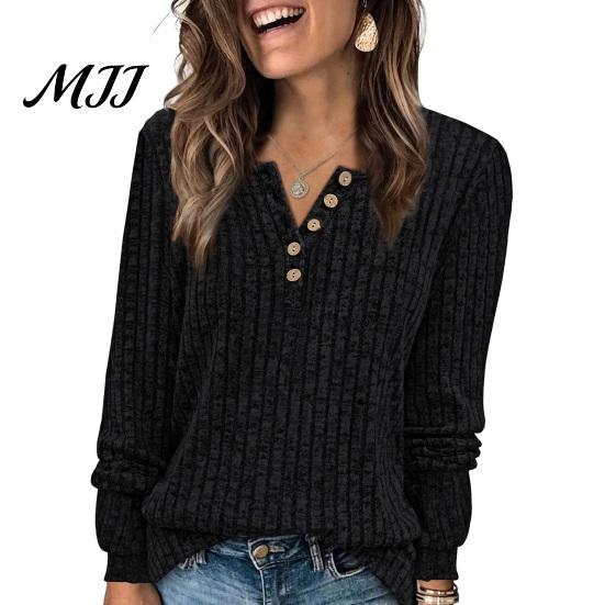 Spring Autumn Top Women Ribbed Long Sleeve Top, Loose Casual Blouse with Button, Solid Pullover Shirts Color Crew Neck ShCrew irt for Soft