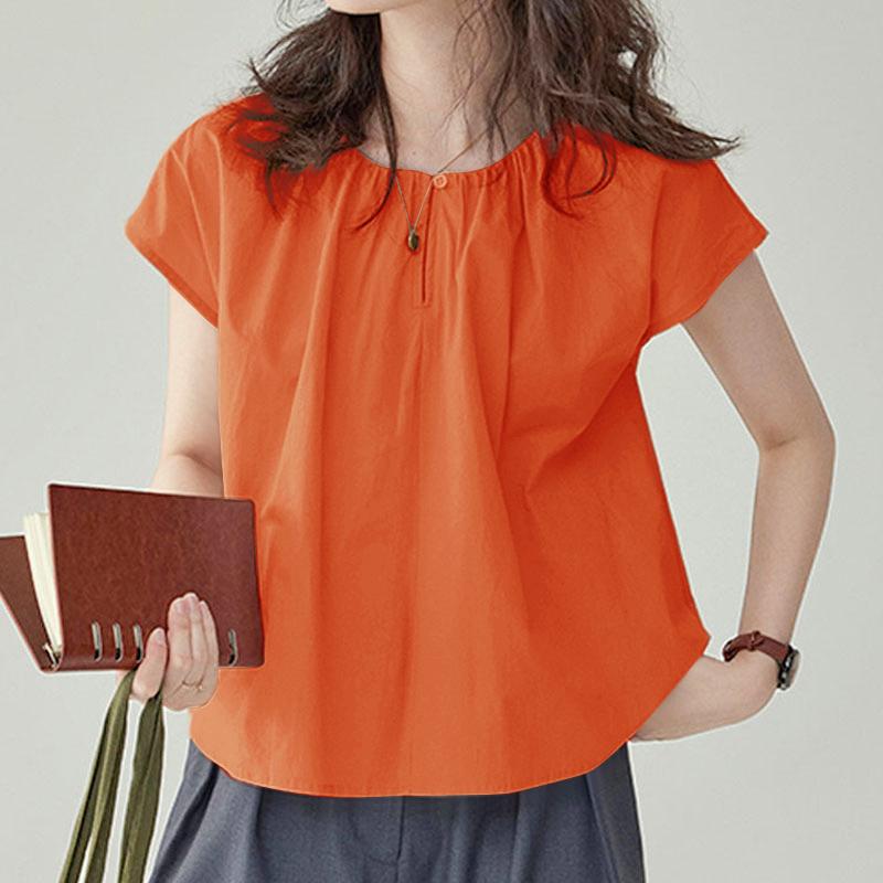 VONDA Dame Sommer Casual Rund Hals Kort Erm Knapp Plissert Ensfarget Løs Bluse