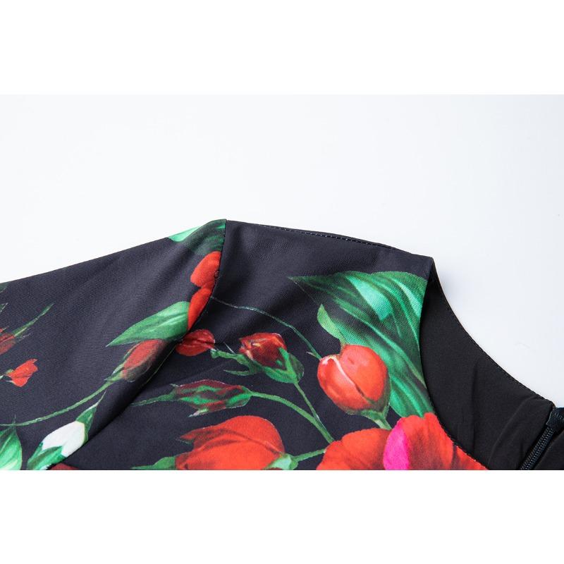 Spring Summer Women Designer Vintage Print Rose Office Work Slim Bodycon Pencil Dresses