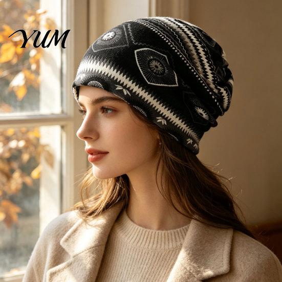 Trendy Fashion Gift for Her Women's Geometry Print Slouchy Hat, Casual Soft Stretch Skull Shopping Dating Headpiece Cap, Warm Cancer Chemo Headwear,